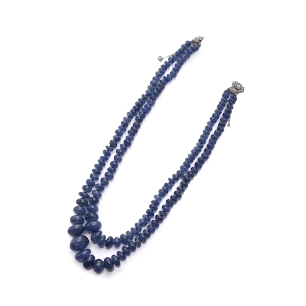 Natural Cabochon Sapphire double strand beaded necklace with platinum and diamond clasp. - image 3