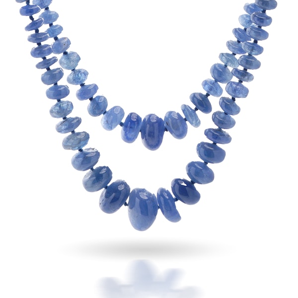 Natural Cabochon Sapphire double strand beaded necklace with platinum and diamond clasp. - image 2