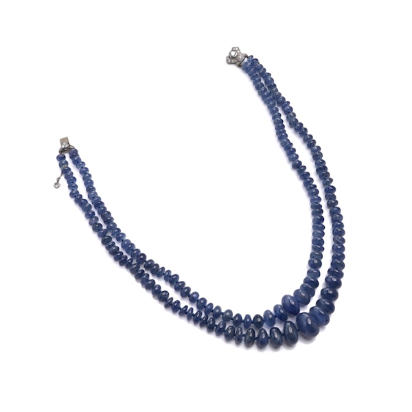 Natural Cabochon Sapphire double strand beaded necklace with platinum and diamond clasp. - image 4