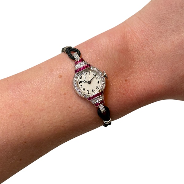 Tiffany & Co. Art Deco Ruby Diamond and Platinum Cocktail Watch With Double Cord Strap - image 5