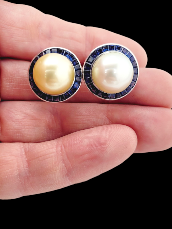 Pair of vintage South Sea pearl and calibre sapphire earrings SKU: 7870 DBGEMS - image 3