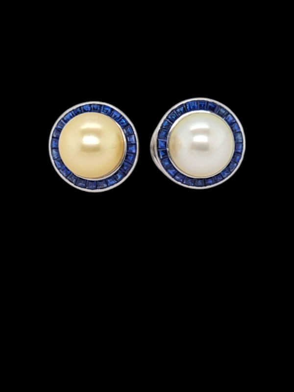 Pair of vintage South Sea pearl and calibre sapphire earrings SKU: 7870 DBGEMS - image 1