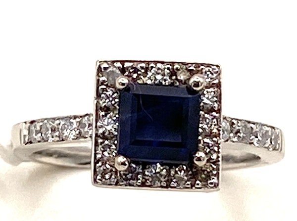 Deco style rectangular diamond and sapphire  cluster ring - image 1