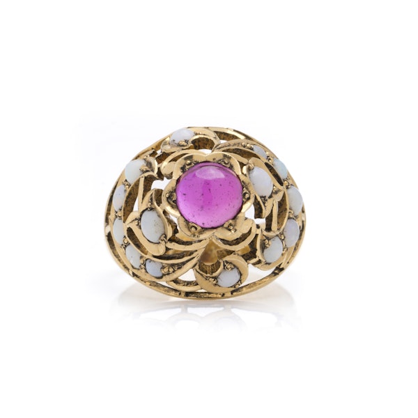 Antique 20K Gold Opal Ring with Centre Red Stone - image 2