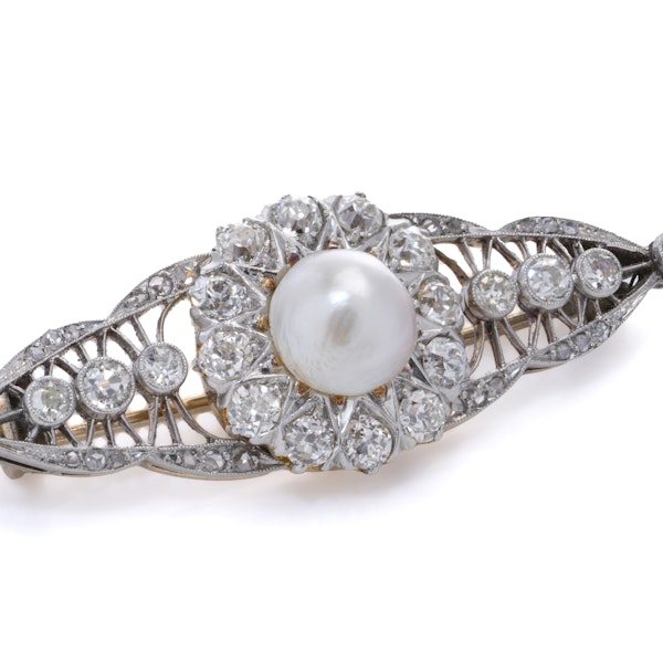 Antique Edwardian 18K Gold and Platinum Brooch with Natural Pearl and Diamonds - image 2