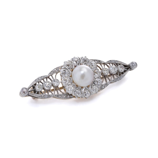 Antique Edwardian 18K Gold and Platinum Brooch with Natural Pearl and Diamonds - image 3