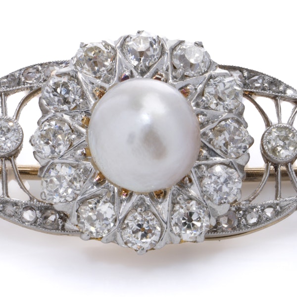 Antique Edwardian 18K Gold and Platinum Brooch with Natural Pearl and Diamonds - image 8