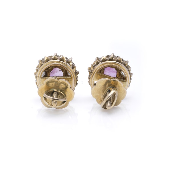 Victorian 9K Gold Pink Sapphire and Rose-Cut Diamond Screw-Back Earrings - image 4