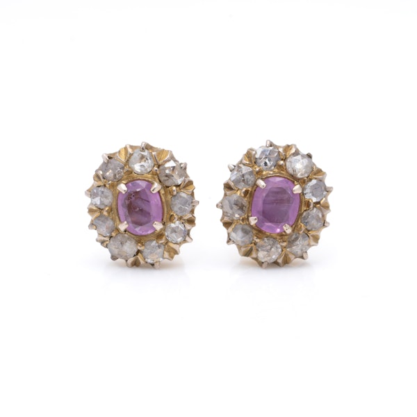 Victorian 9K Gold Pink Sapphire and Rose-Cut Diamond Screw-Back Earrings - image 2