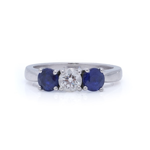 Vintage Platinum Three-Stone Sapphire and Diamond Ring - image 2