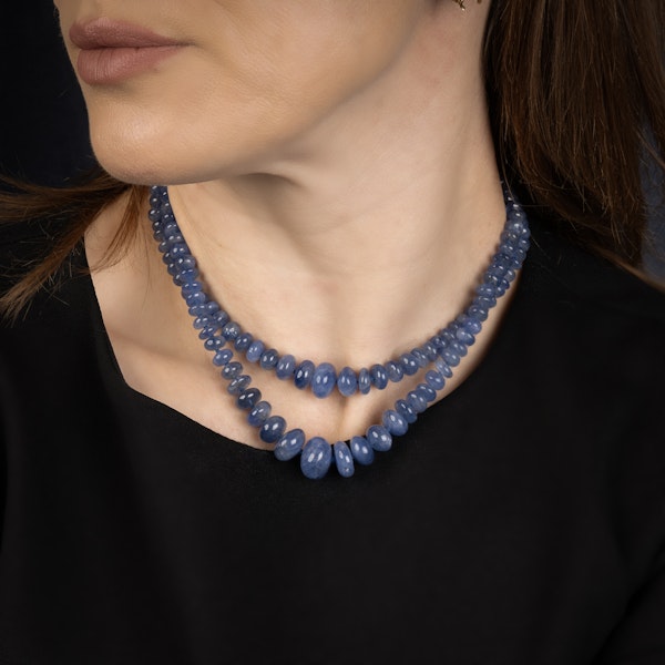 Natural Cabochon Sapphire double strand beaded necklace with platinum and diamond clasp. - image 9