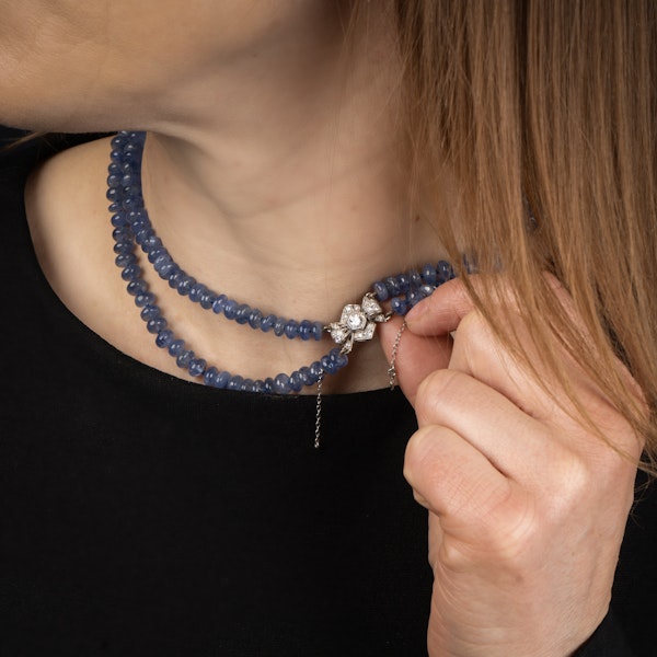 Natural Cabochon Sapphire double strand beaded necklace with platinum and diamond clasp. - image 10