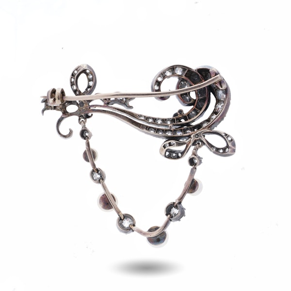 Antique Edwardian 9kt Gold and Silver Diamond and Pearl Brooch - image 2