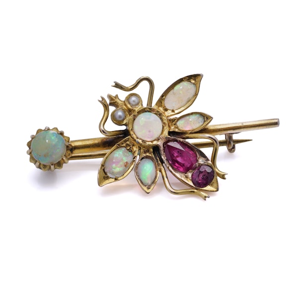 Antique Victorian 15kt Gold Opal and Ruby Brooch - image 4