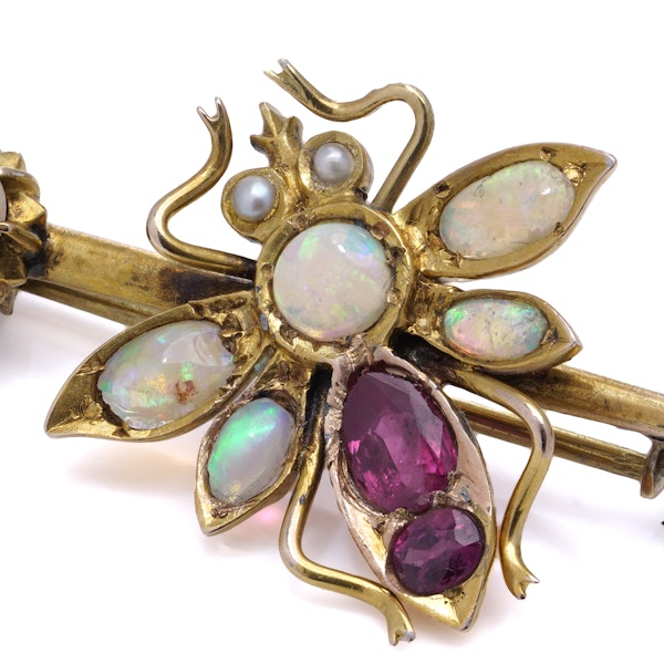 Antique Victorian 15kt Gold Opal and Ruby Brooch - image 3