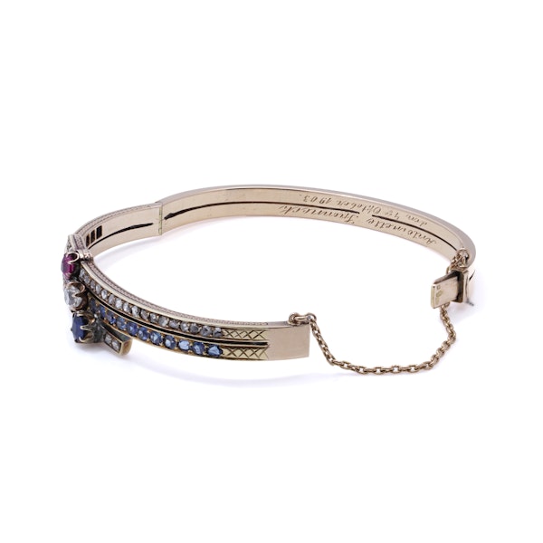 Edwardian 9kt Gold Bangle with Ruby, Sapphire, and Diamond - image 5