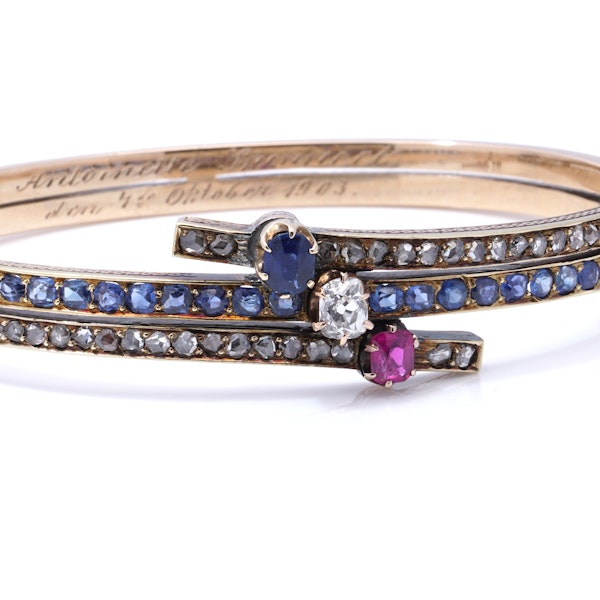 Edwardian 9kt Gold Bangle with Ruby, Sapphire, and Diamond - image 3