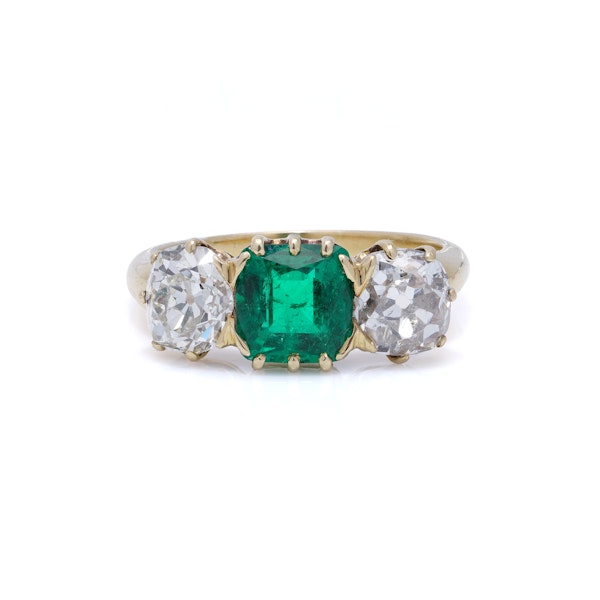 Antique 18kt Gold Three-Stone Ring with Emerald and Diamonds - image 3