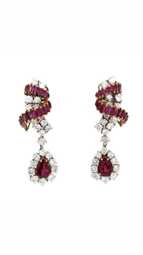 Stunning pear cut ruby & diamond cluster drop earrings 18k white & yellow gold - image 1