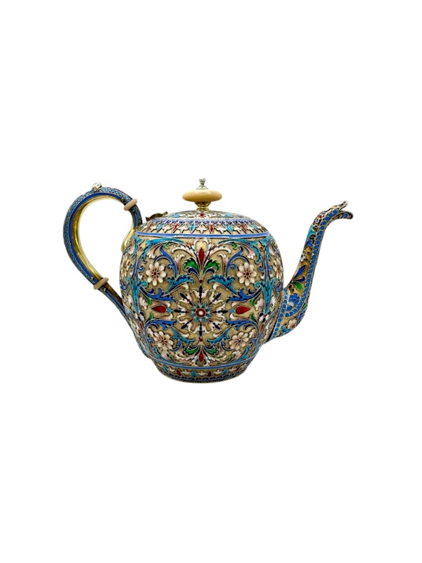 Antique Russian silver cloisonné and shaded enamel teapot by Ivan Saltykov, Moscow, 1895 - image 6