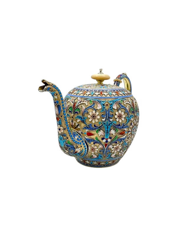 Antique Russian silver cloisonné and shaded enamel teapot by Ivan Saltykov, Moscow, 1895 - image 8