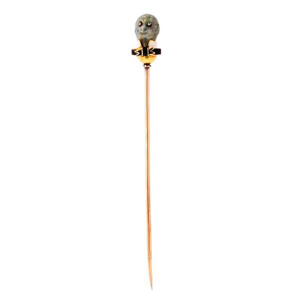 Antique Labradorite Diamond Enamel and Gold Monkey Head Stick Pin, Circa 1920 - image 2