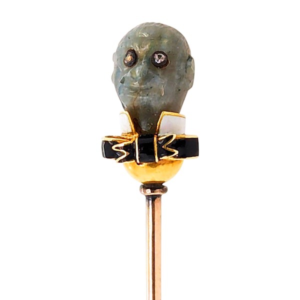 Antique Labradorite Diamond Enamel and Gold Monkey Head Stick Pin, Circa 1920 - image 4