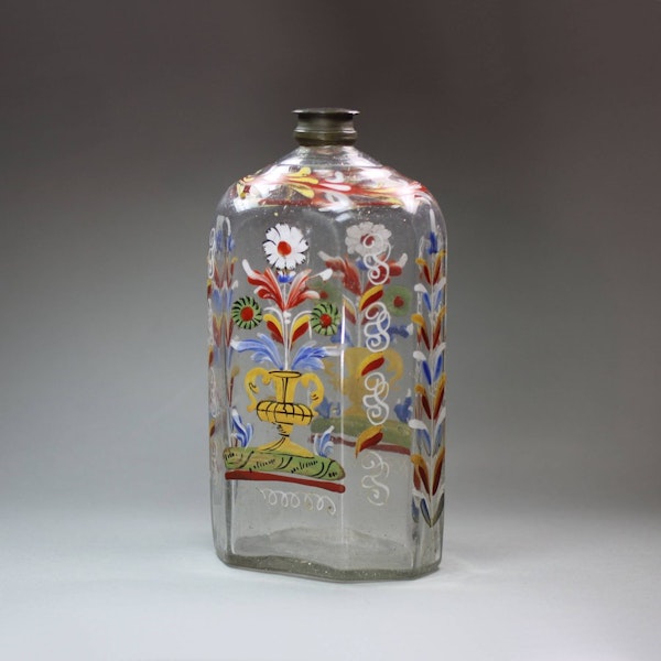 Bohemian painted glass flask, with pewter cap, 18th century - image 1