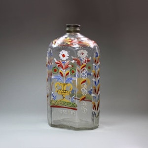 Bohemian painted glass flask, with pewter cap, 18th century