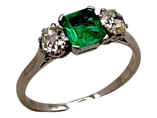 Edwardian emerald and diamond 3 stone ring - image 2