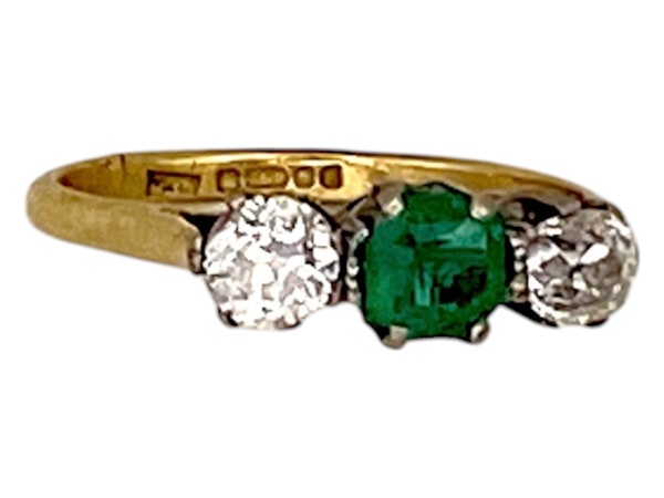 Retro emerald and diamond three stone ring - image 3