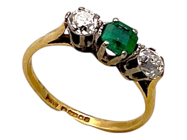 Retro emerald and diamond three stone ring - image 4