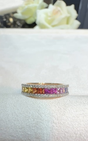 Rainbow sapphire & diamond half eternity ring