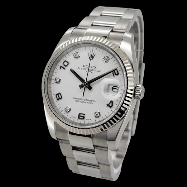 ROLEX OYSTER PERPETUAL DATE 115234 WHITE DIAMOND AND ROMAN NUMERALS - image 1