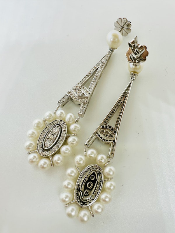 Vintage, Diamond & White Cultured Pearl Earrings - image 4