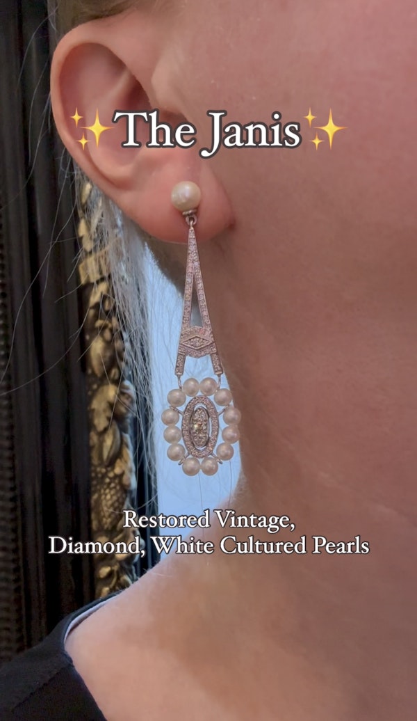 Vintage, Diamond & White Cultured Pearl Earrings - image 3