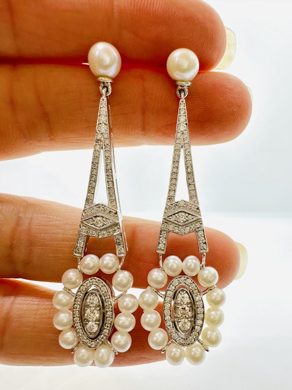 Vintage, Diamond & White Cultured Pearl Earrings - image 2