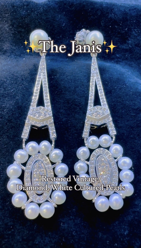 Vintage, Diamond & White Cultured Pearl Earrings - image 7