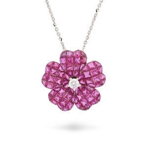 Beautiful 5ct invisible set Burma ruby flower pendant