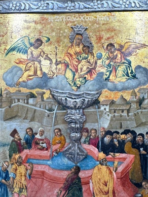 18th century Greek icon 'The Fountain of Life' in silver frame, c.1800.