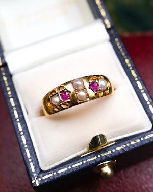 Downstairs in Grays:15ct Yellow Gold Victorian Ruby and Pearl Ring. Chester Hallmarks, Circa 1886