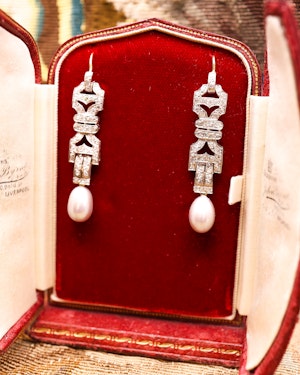 Downstairs at Grays: A Lovely pair of Fine 1.85 Carat. Diamond and Cultured Pearl Drop Earrings, set in 18ct Yellow Gold, Silver Faced Platinum (Tested), Art Deco.