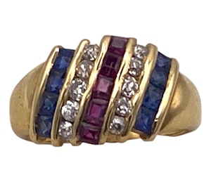 Three stone "Union Jack" colours ring in diamond, rubies and sapphires