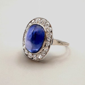 Art Deco Burma Sapphire Cabochon Diamond Ring. SADDINGTONS STAND 375