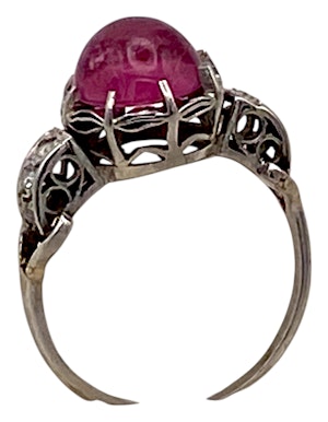 Art Deco pink tourmaline cabochon and diamonds  fancy ring