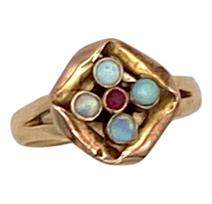 Edwardian opals and ruby square cluster ring