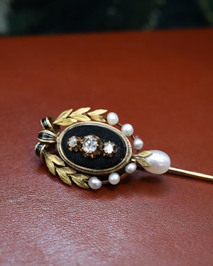 Downstairs in Grays: An Extremely Beautiful Antique High Carat Yellow Gold (tested - worn marks) Stick Pin set with Diamonds, Natural Pearls, Black Enamel and Black Onyx. Circa 1880