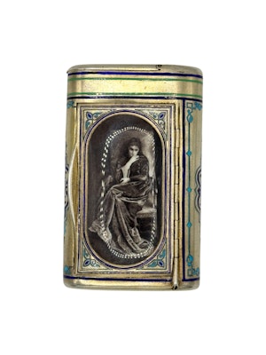 Russian silver gild and champeve enamel pictorial cigarette case,Moscow, 1879 by Pavel Ovchinnikov.