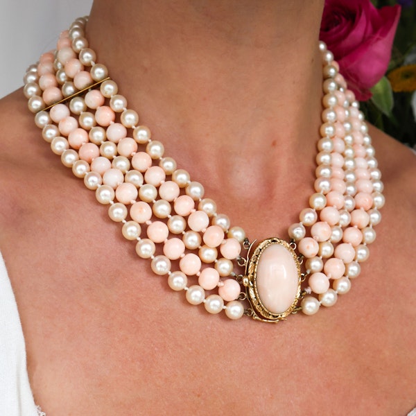 Vintage Coral And Cultured Pearl Five Row Necklace - image 7