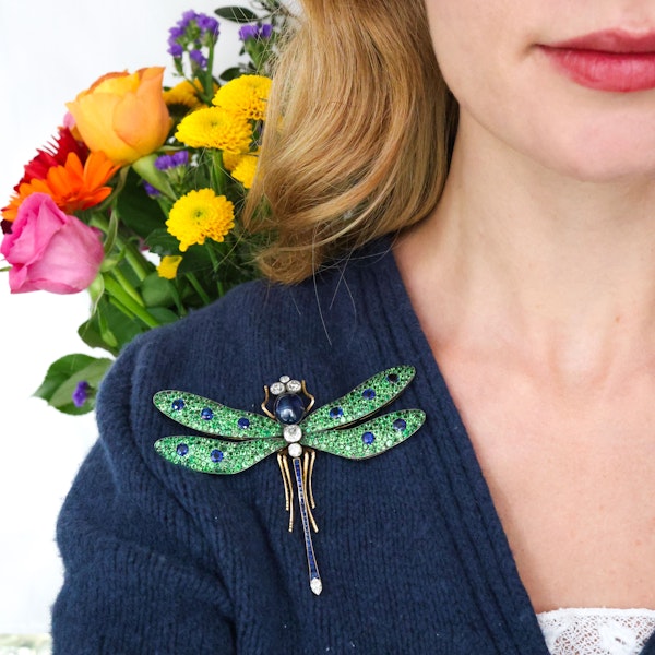 Moira Green Garnet, Diamond, Sapphire, Silver And Gold Dragonfly Brooch - image 7